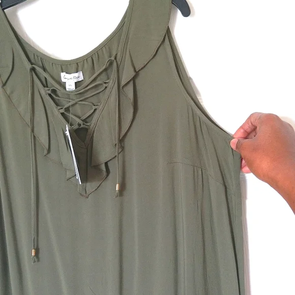 Love - fire women's sleeveless ruffle v neck olive green midi dress size L - Picture 4 of 9